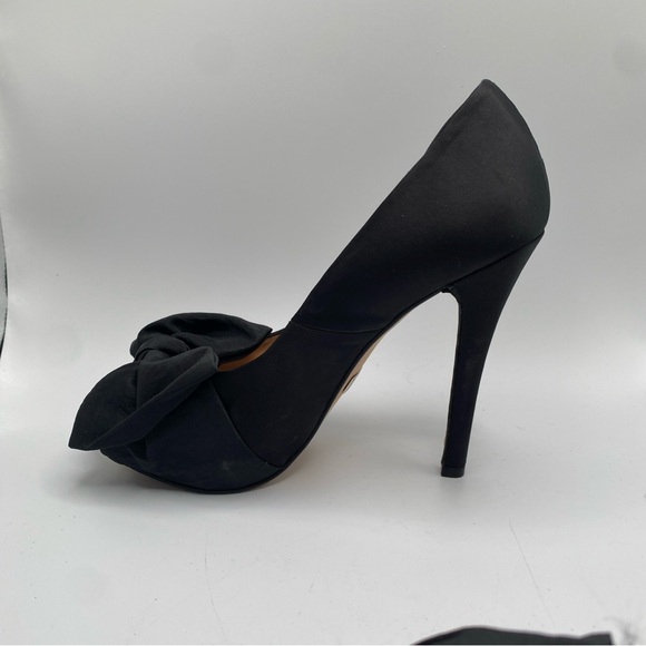Badgley Mischka High Heel Shoes Black Satin Open Toe Slip On w/Bow Size 7 - Picture 4 of 5